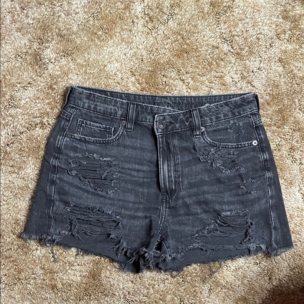 American Eagle Black Distressed Ripped Cross Over Waist Denim Jean Shorts